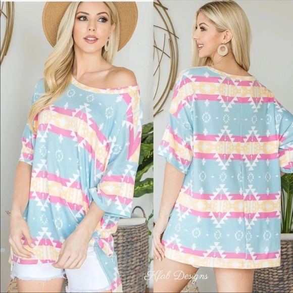 Boho Aztec Print Top | Soft Knit Multicolor Short Sleeve Tee - Picture 4 of 4
